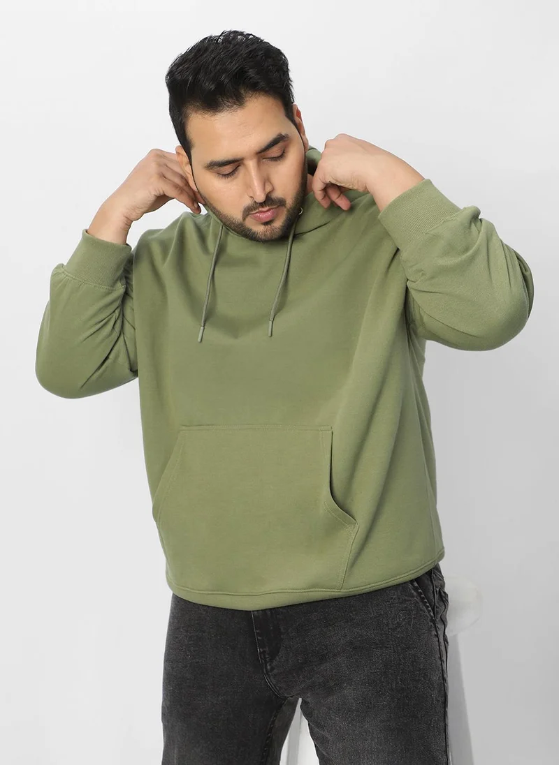 Urbano Plus Men's Potent Olive Cotton Solid Oversized Hooded Neck Sweatshirt